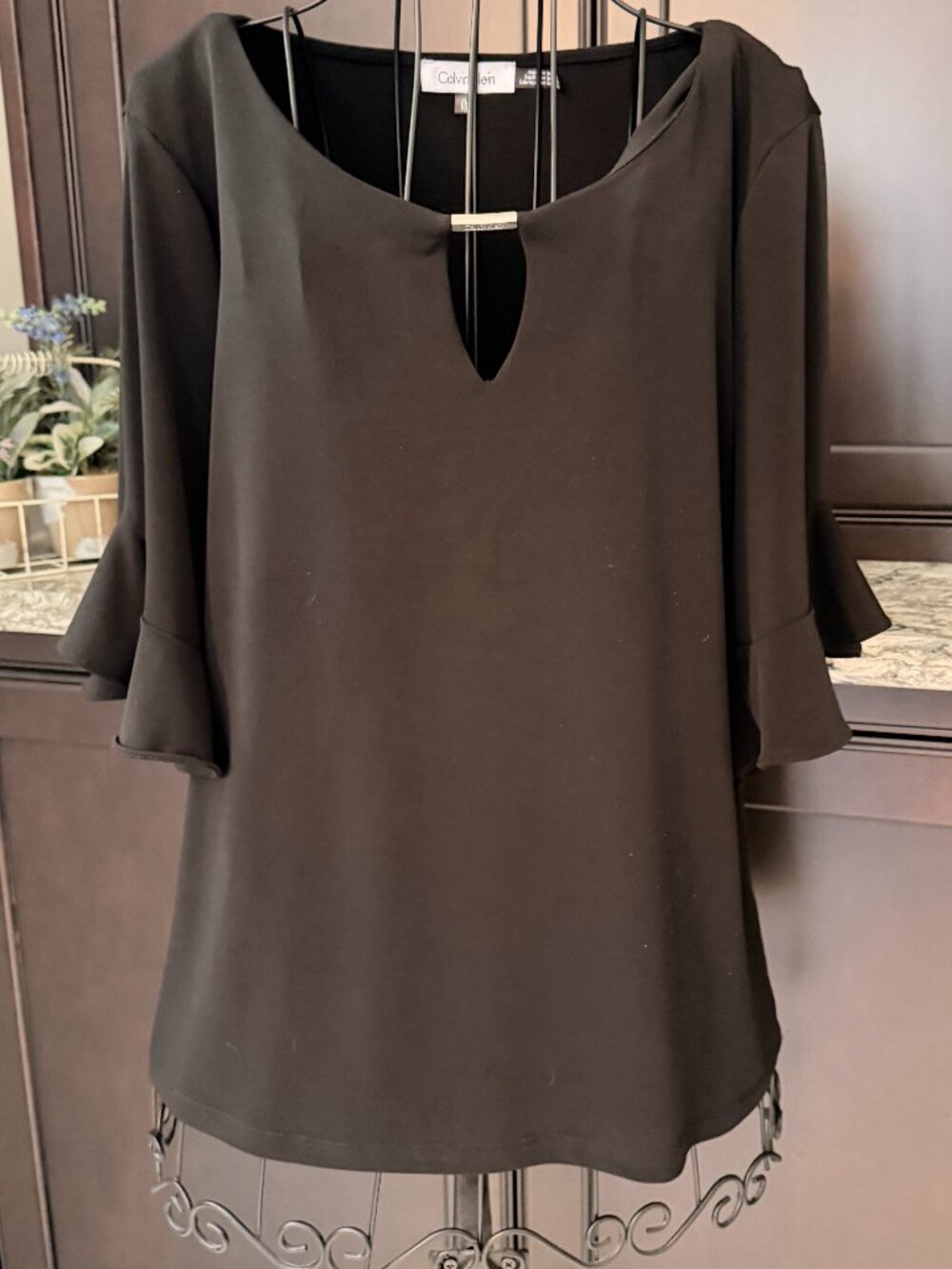 Calvin Klein Soft Polyester/Spandex Elbow Length Bell Sleeved Key-Holed Shirt